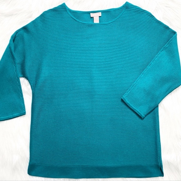 Chico’s Teal Ribbed Knit Raglan 3/4 Sleeve Dolman Pullover Tunic Sweater Top - Picture 6 of 9